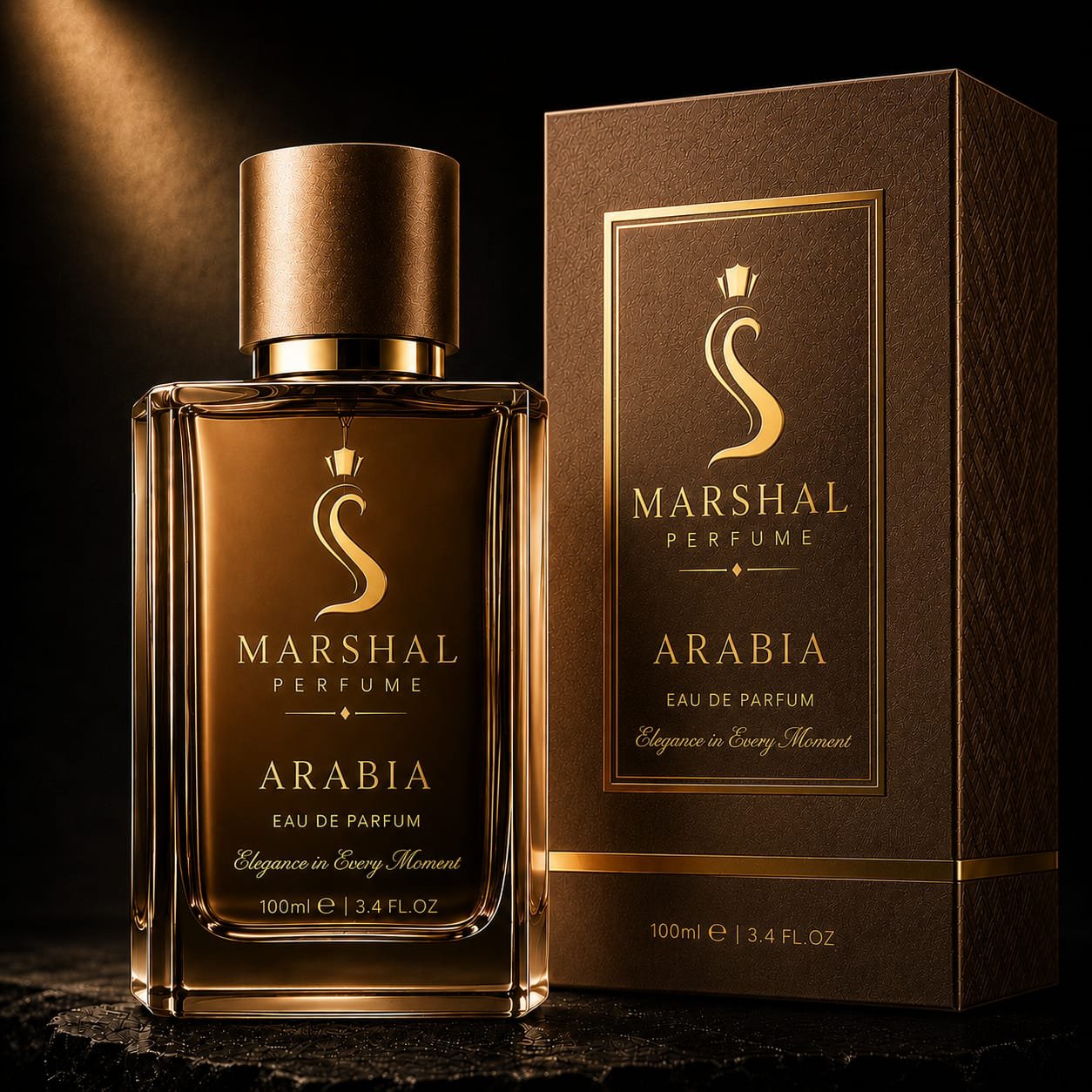 Marshal Perfume Arabia Eau de Parfum 100ml bottle and gold-foil amber gift box